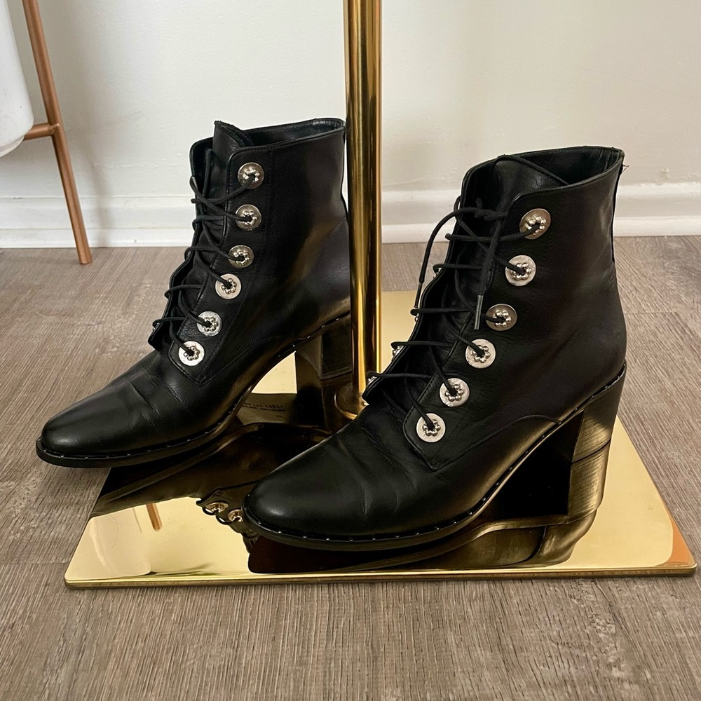 FREDA SALVADOR Black Lace-Up Leather Ankle Boots with Silver Eyelets